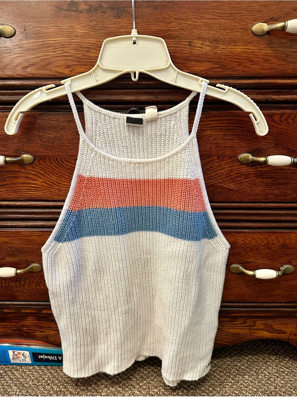 Roxy Knit Striped Halter Tank Top - White with Coral & Blue L